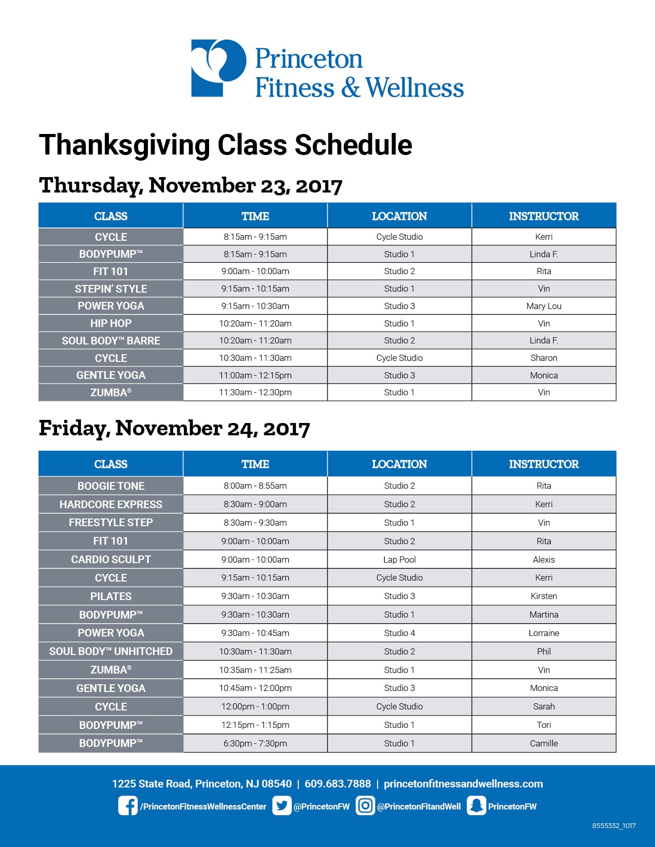 Princeton Thanksgiving 2017 Holiday Hours & Group Fitness Schedule